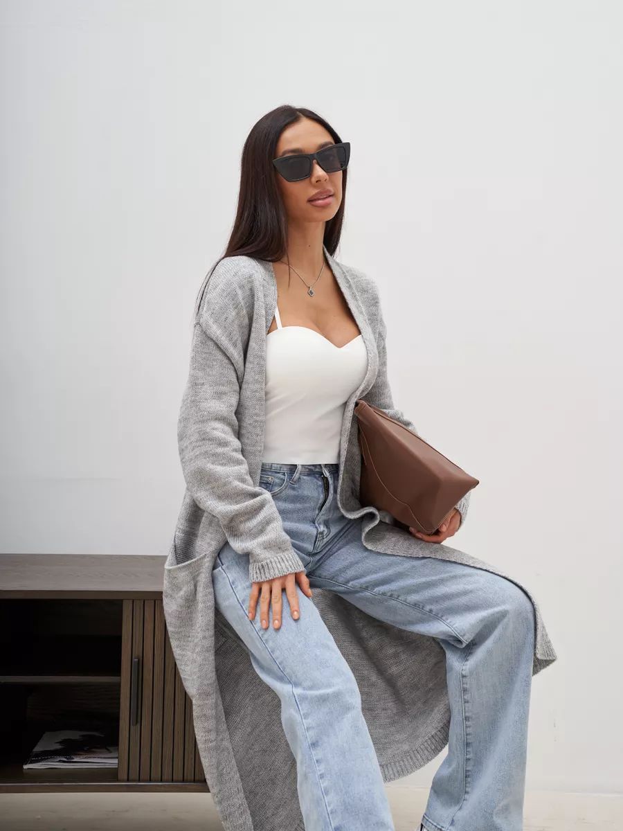 Dame elegant cardigan med talje bælte og dybe lommer Stilla