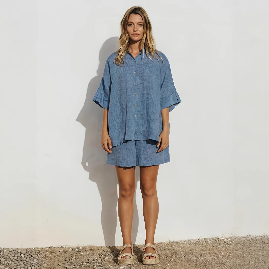Dame afslappet sommer sæt med oversized bluse og shorts Stilla