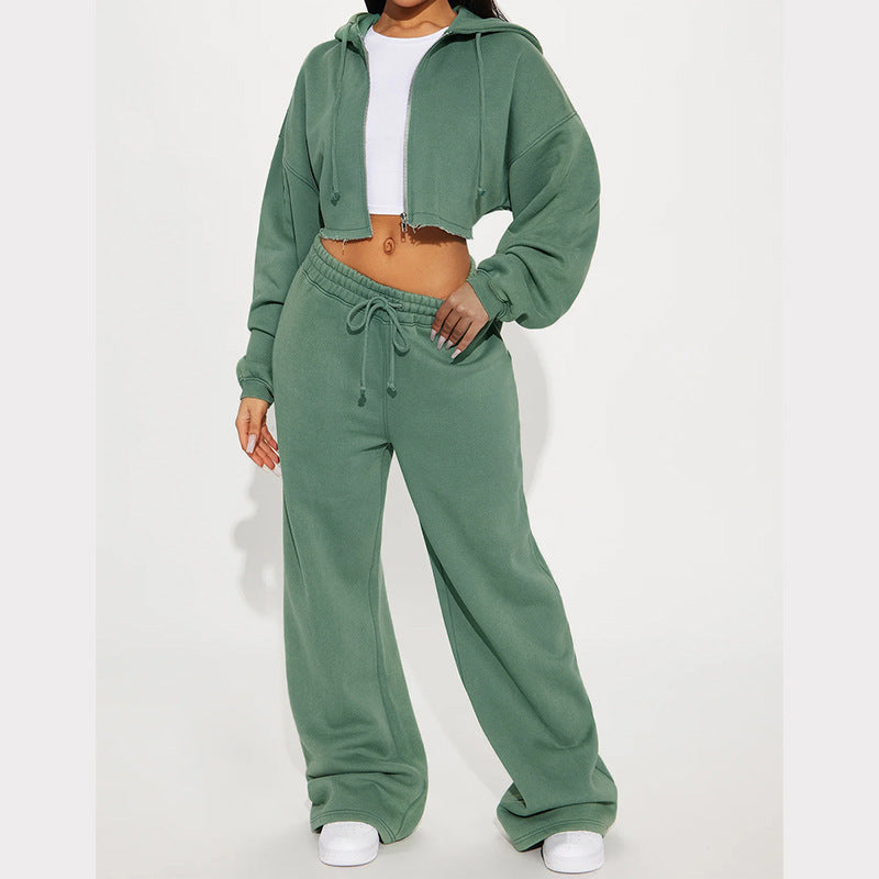 Dame afslappet oversized cropped sæt med lynlås og brede ben Stilla