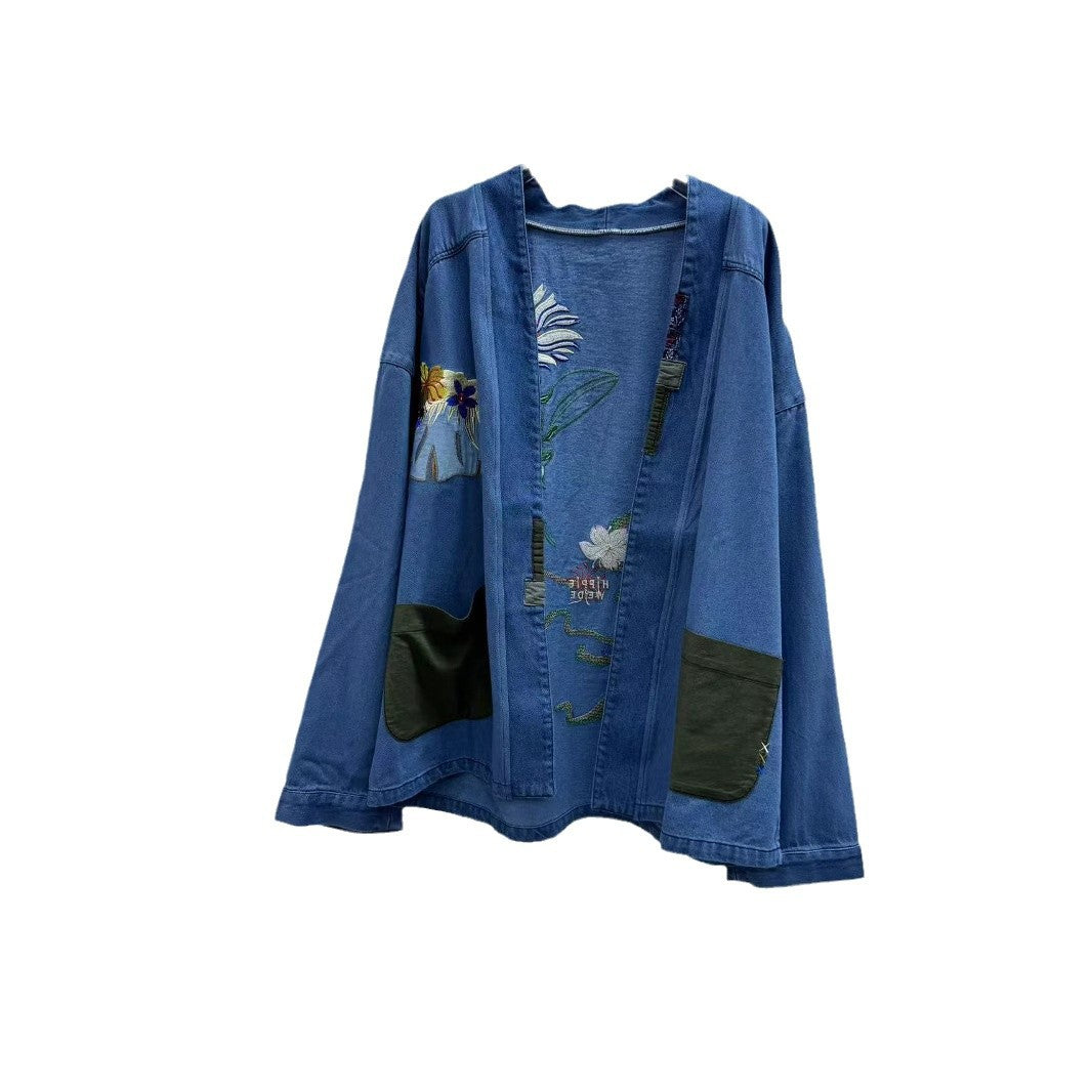 Dame Denimjakke med detaljerede broderier og farverige accenter Stilla