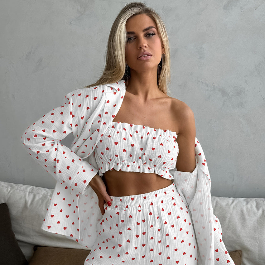 Dame Cropped Top og Nederdel-Sæt med Hjerte Motiv og Luftig Pasform Stilla