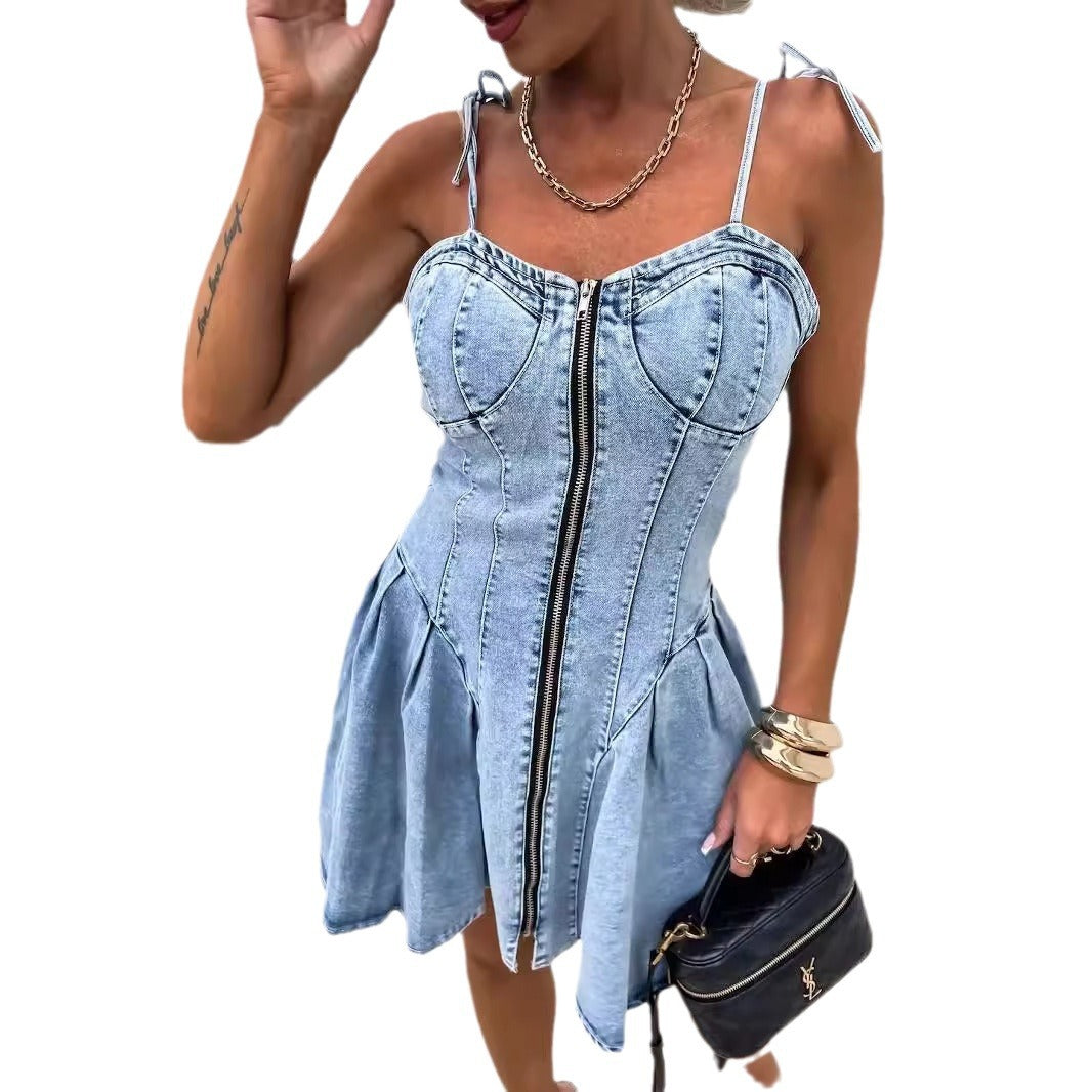 Dame Denim Kjole i Korsetstil med Lynlås og Stropper Stilla