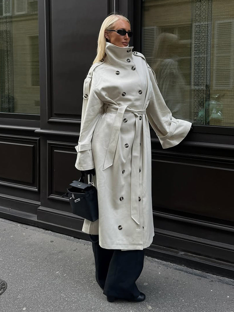 Dame elegant frakke med høj krave og taljerbar bælte Stilla