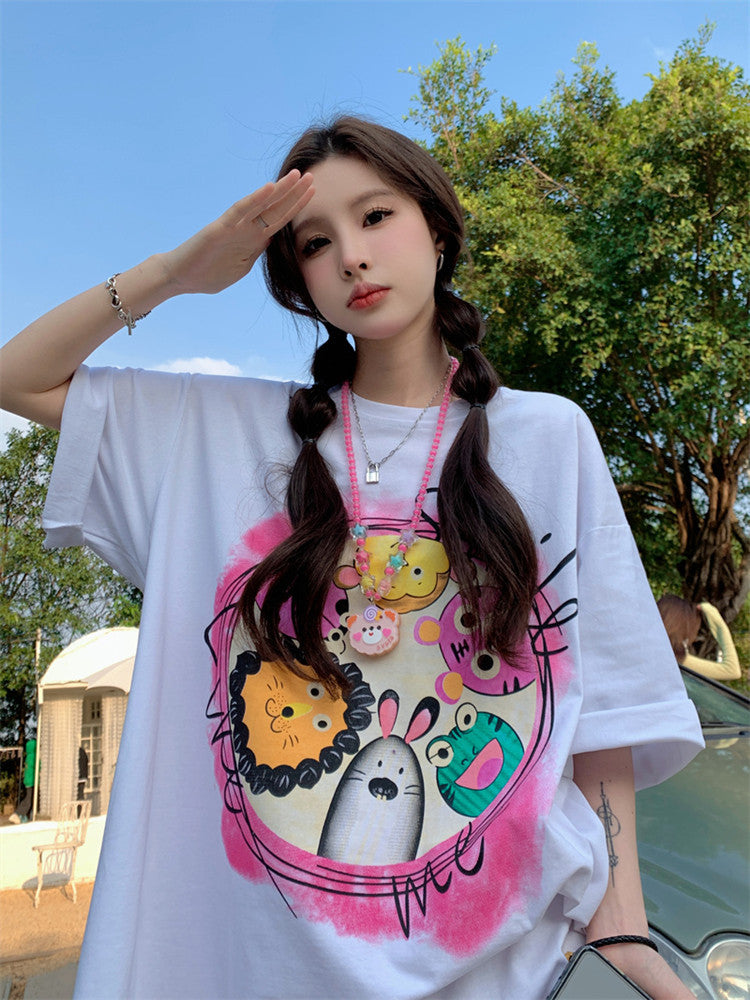 Dame oversized T-shirt med kreativ dyreprint og afslappet snit Stilla