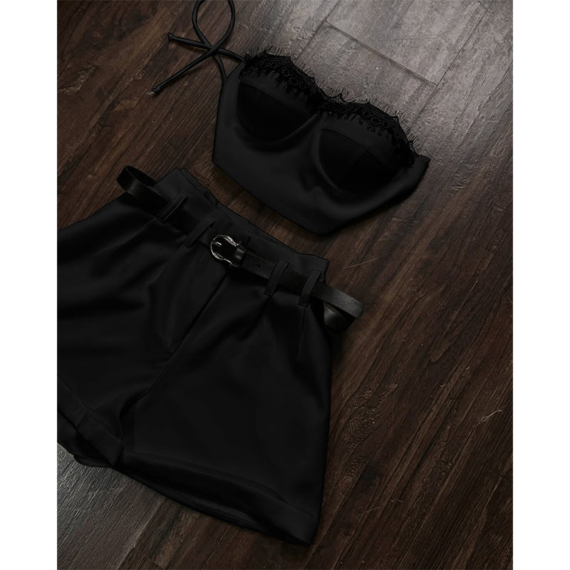 Dame Crop-Top og Shorts Sæt med elegant Bælte Stilla