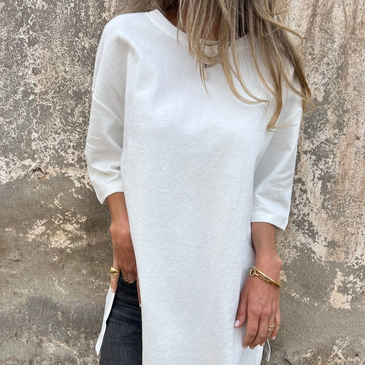 Dame afslappet lang skjorte med side slids og halve ærmer Stilla