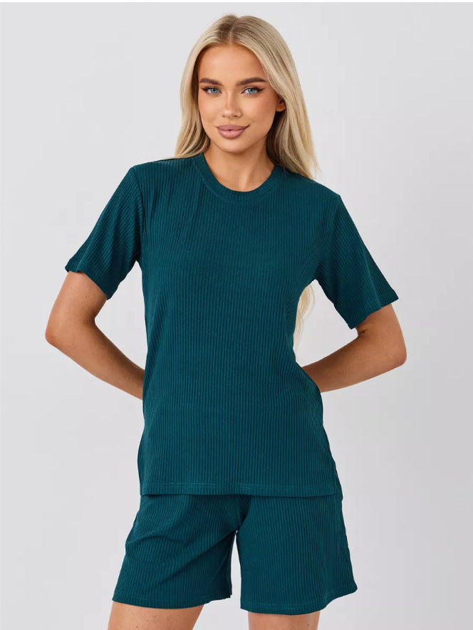 Dame afslappet ribstrik to-delt sæt med shorts og T-shirt Stilla