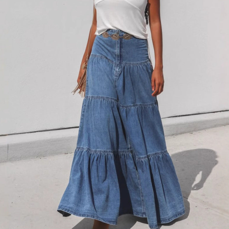 Dame Denim Maxikjole i Boho-stil med volumniøst skørt og flæser Stilla
