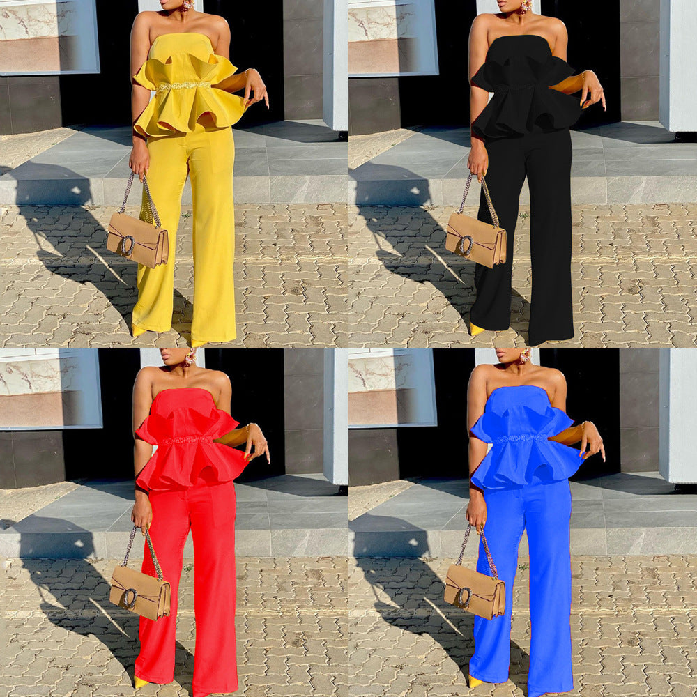 Dame elegant jumpsuit med rynkedesignet overdel og bred ben Stilla