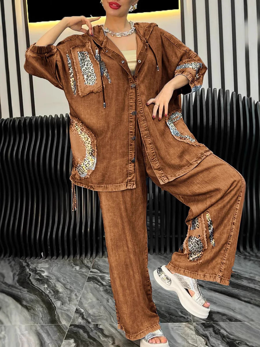 Dame afslappet denim sæt med hætte og dyreagtige accenter Stilla