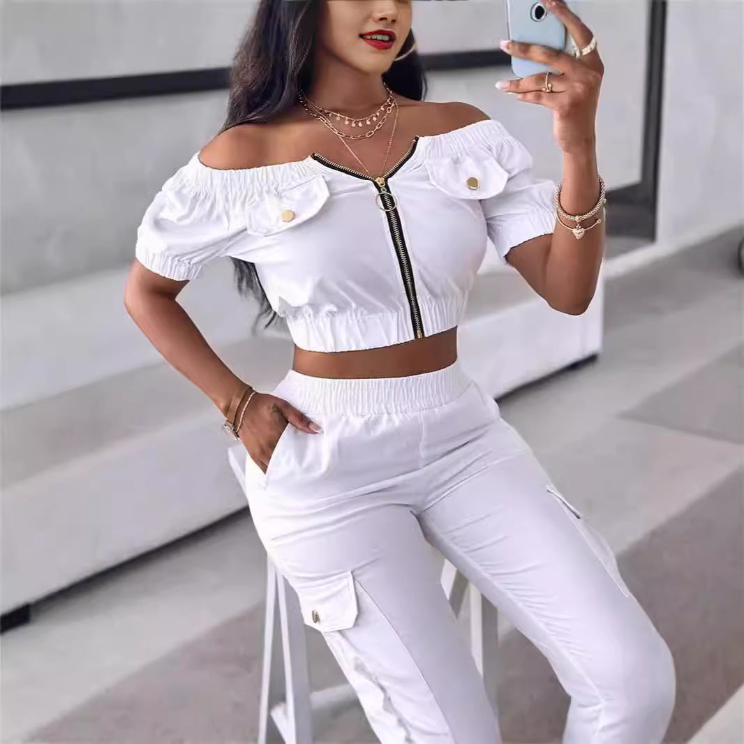Dame Crop-Top og Cargo-Bukser Sæt med off-shoulder design og praktiske lommer Stilla