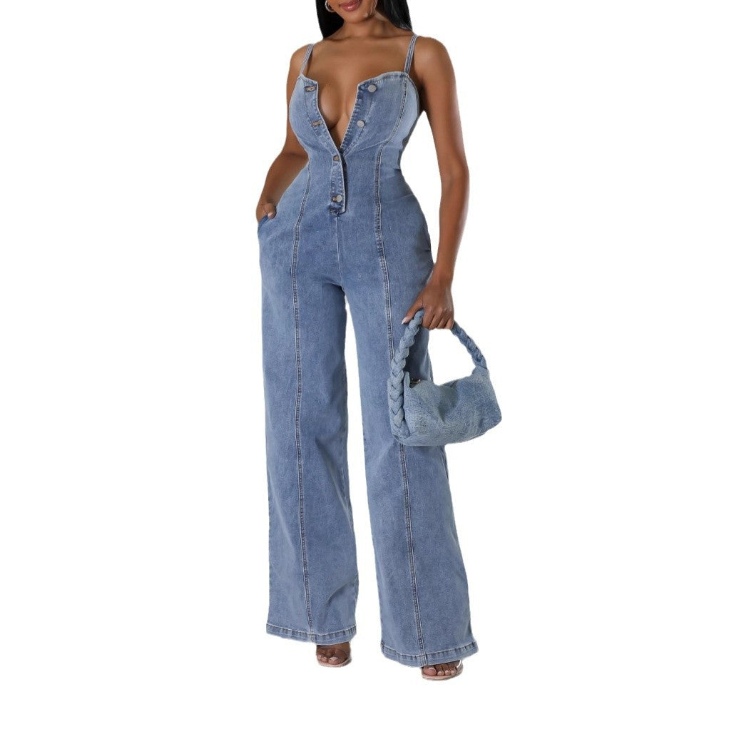 Dame Denim Jumpsuit med knapstol Stilla