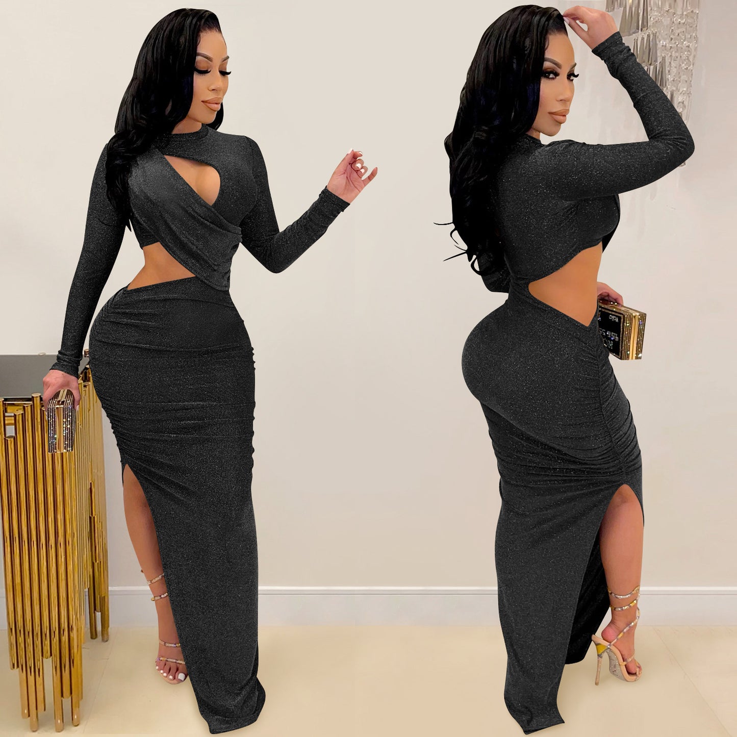 Dame Elegant Cut-Out Maxikjole med lange ærmer og raffineret slids Stilla