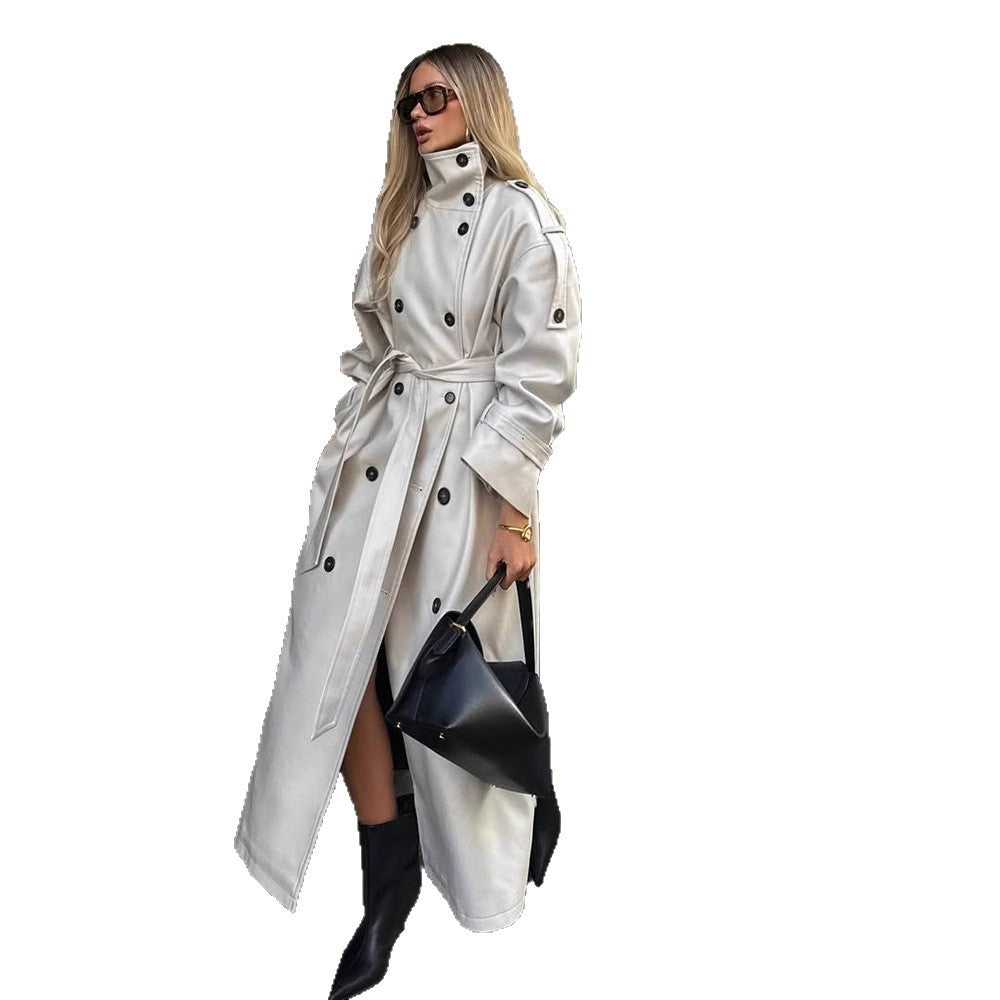 Dame elegant frakke med høj krave og taljerbar bælte Stilla