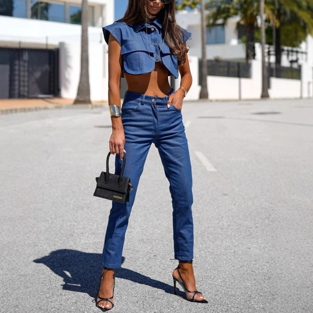 Dame Cropped Jeansjakke med moderne krave og fashionable detaljer Stilla