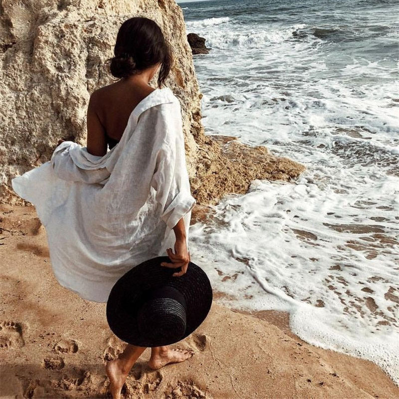 Dame afslappet strandbluse med påsyede lommer og let stof Stilla