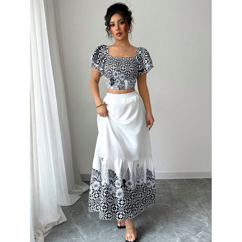 Dame Crop-top med voluminøse ærmer og elegant nederdel Stilla