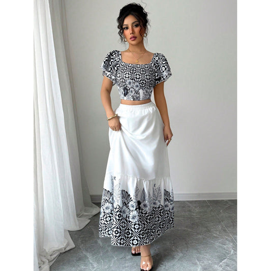 Dame Crop-top med voluminøse ærmer og elegant nederdel Stilla