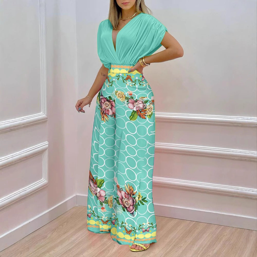 Dame Elegant Jumpsuit med blomsterdesign og dyb V-udskæring Stilla