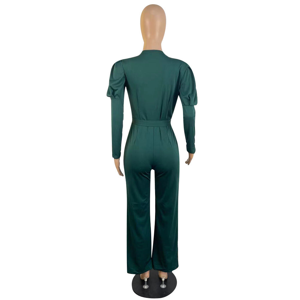 Stilla | Elegant Langærmet V-hals Bælte Jumpsuit