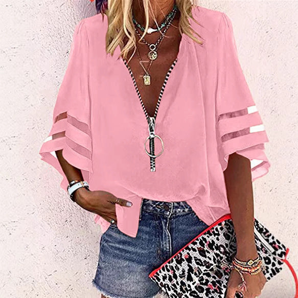 Dame afslappet bluse med justerbar lynlås og gennemsigtige ærmer Stilla