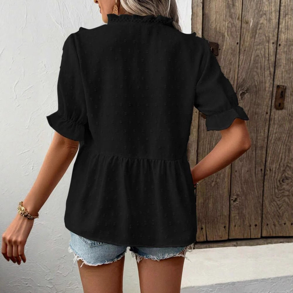 Dame elegant Blusenshirt med ruffle detaljer og V-udskæring Stilla