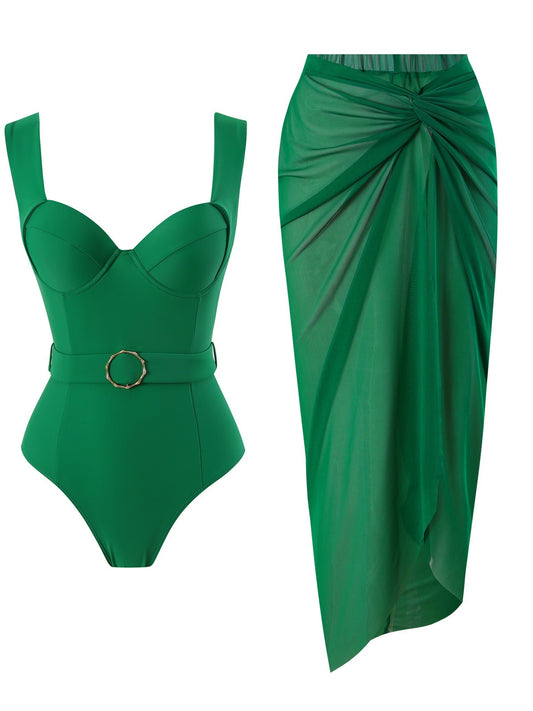 Dame elegant badedragt med integreret omslagsskjørt og fashionable bælteaccent Stilla