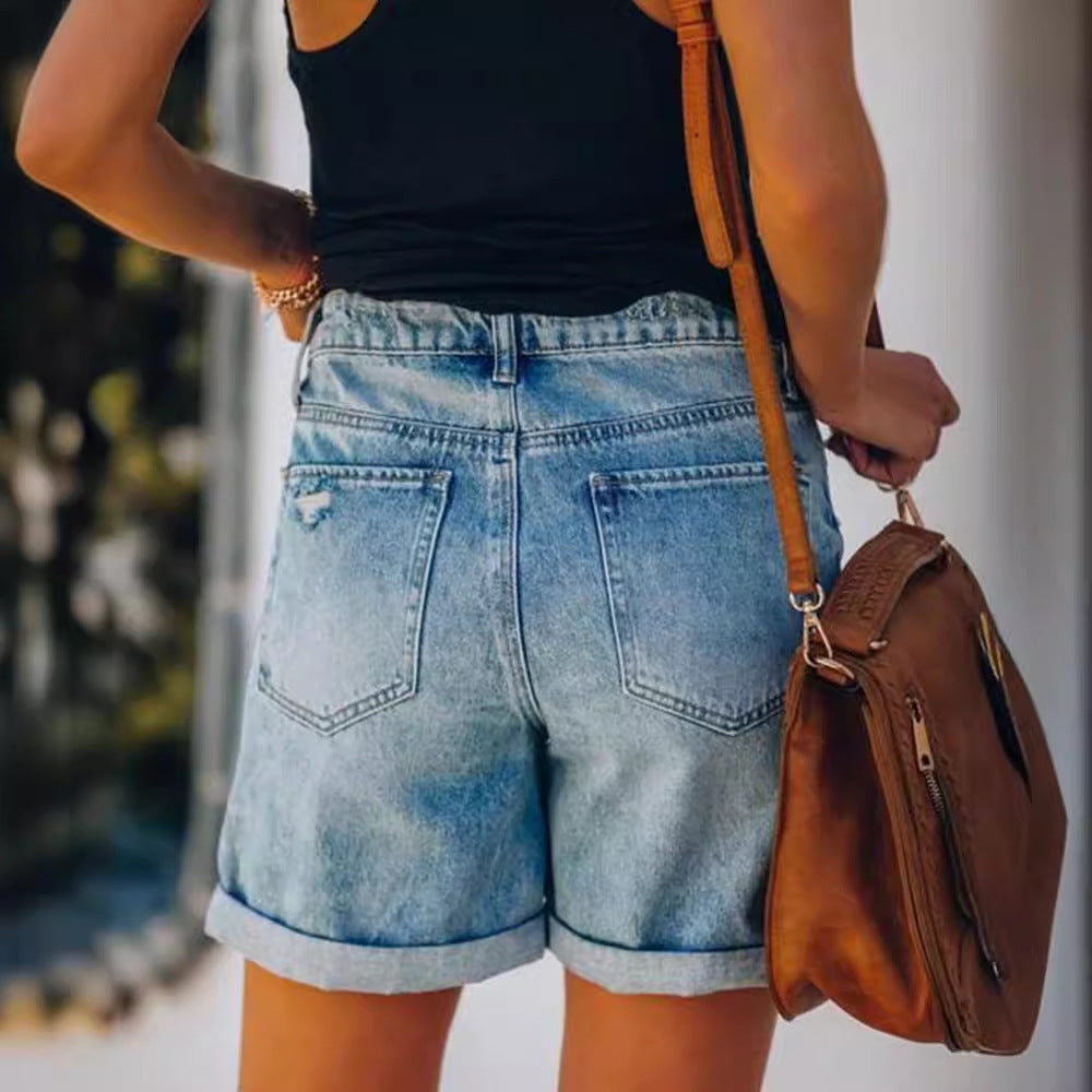 Dame denim shorts med afslappet pasform og frynset afslutning Stilla