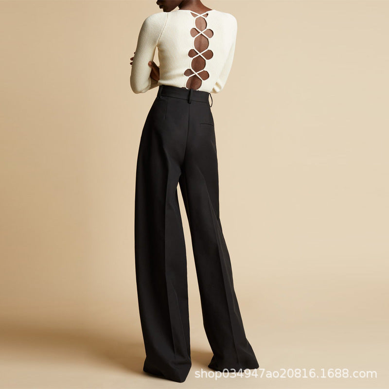 Dame elegant bred stofbukser med høj talje og modeshow bælte Stilla