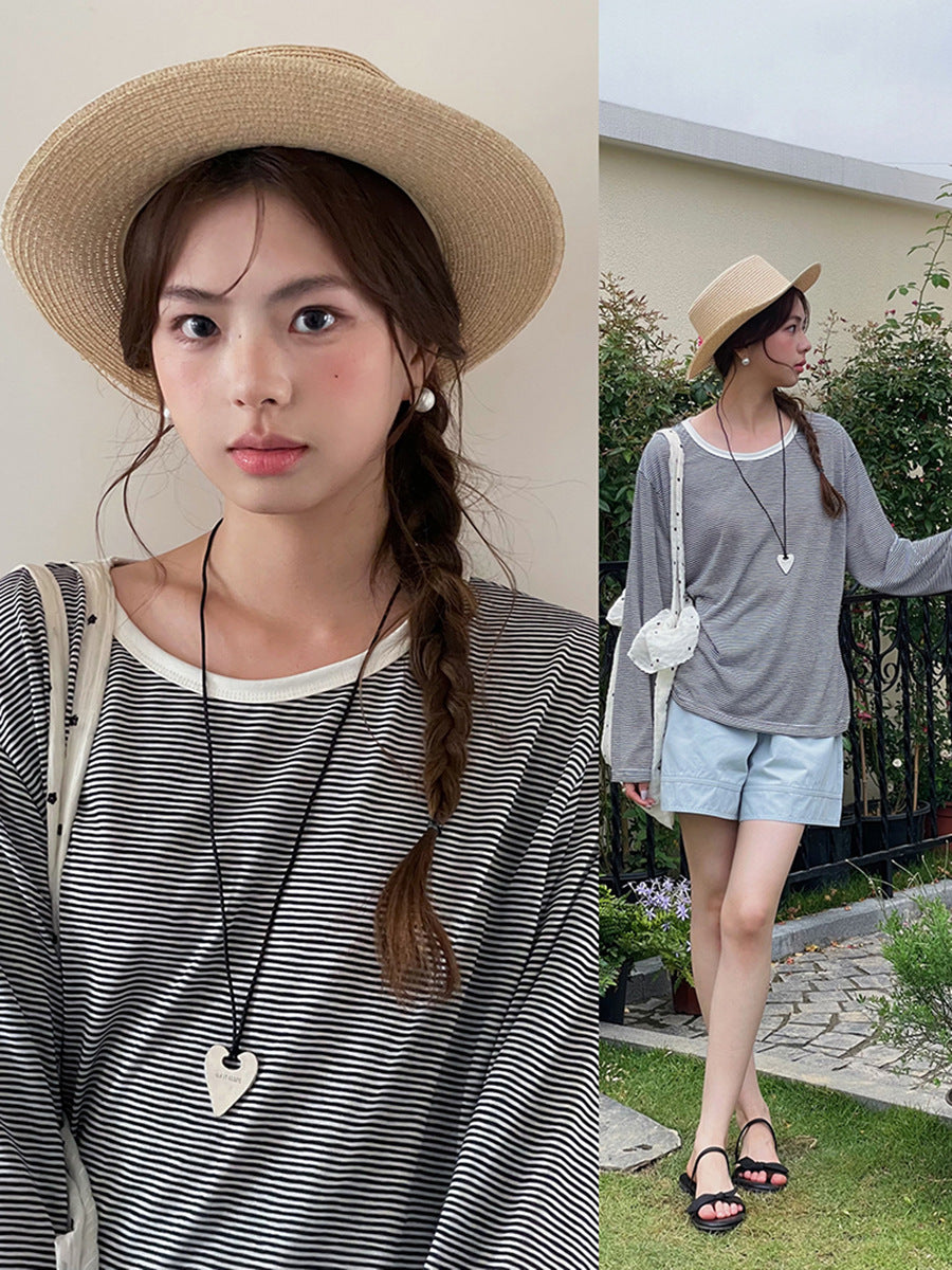 Dame afslappet longsleeve t-shirt med højkvalitets tekstur og moderigtigt rundhalsudskæring Stilla