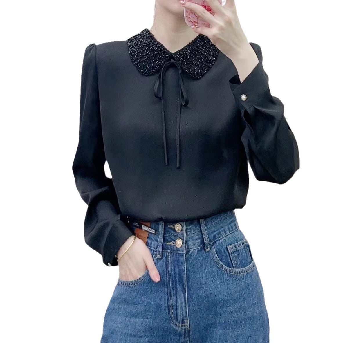 Dame Elegant Bluse med dekorativ krave og fine flæse detaljer Stilla