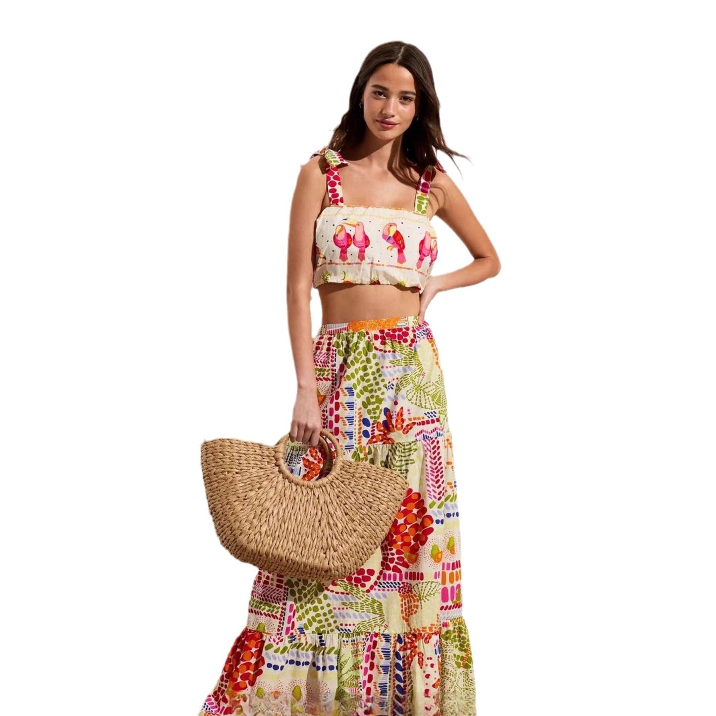 Dame Crop-Top og Maxikjole Sæt med farverigt mønster og legesyge stropper Stilla