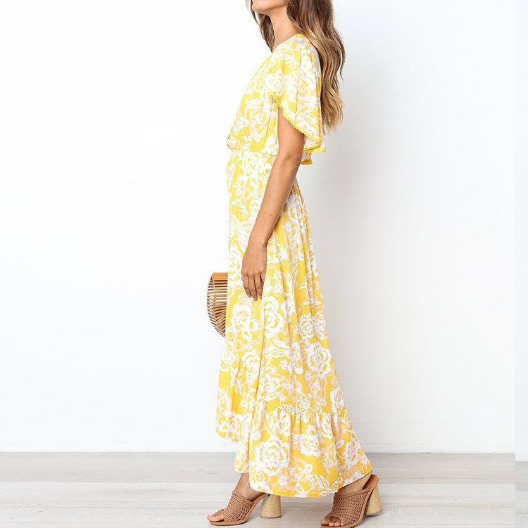 Dame Floral Print Maxi Kjole med Rynkebund Stilla