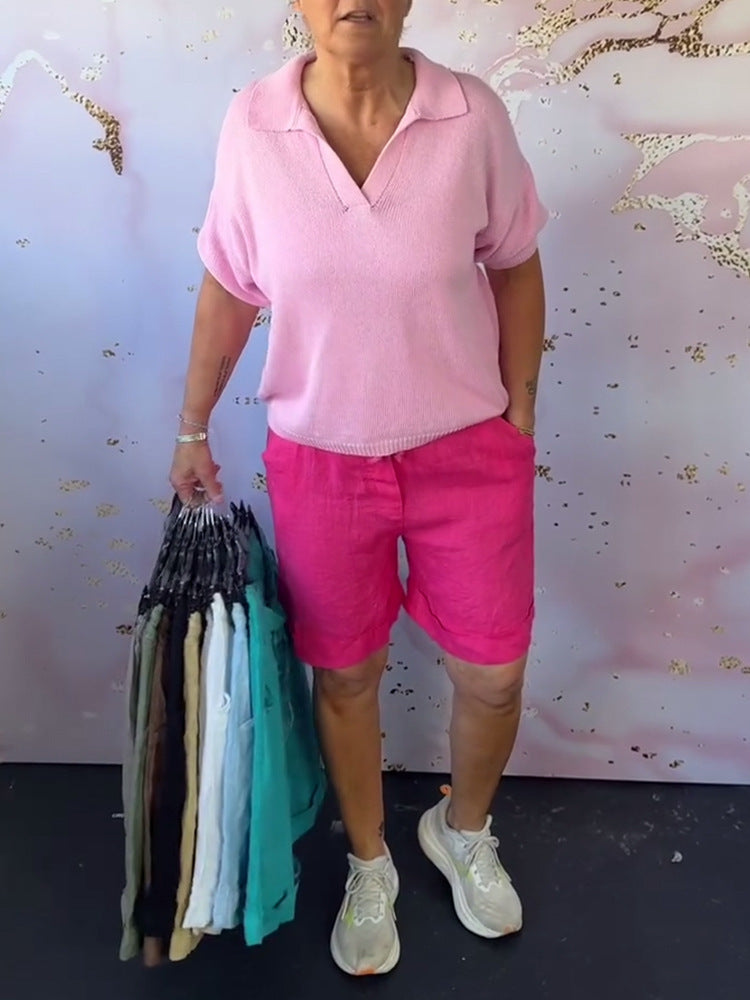 Dame afslappet linned bluse med V-hals og praktiske sidelommer Stilla