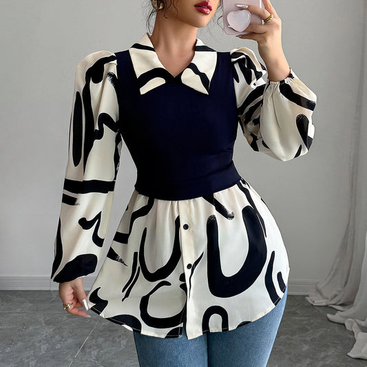 Dame designer-bluse med voluminøse ærmer og moderne mønster Stilla