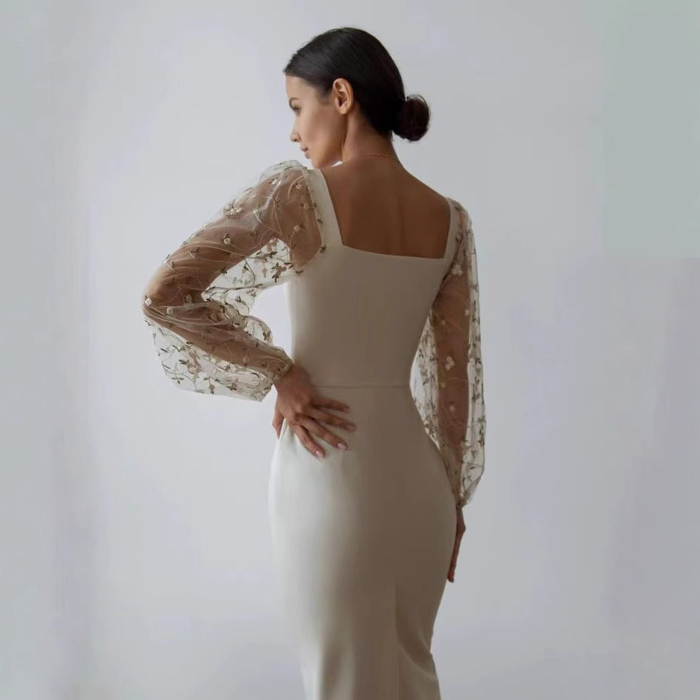 Dame Elegant aftenkjole med gennemsigtige, broderede ærmer Stilla