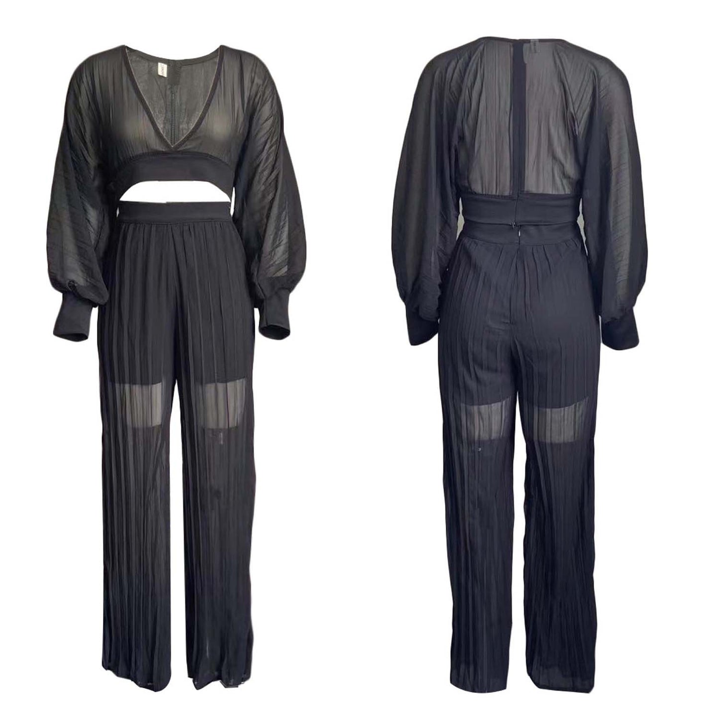 Dame Plisseret Jumpsuit med højtstående udskæring og ballonærmer Stilla
