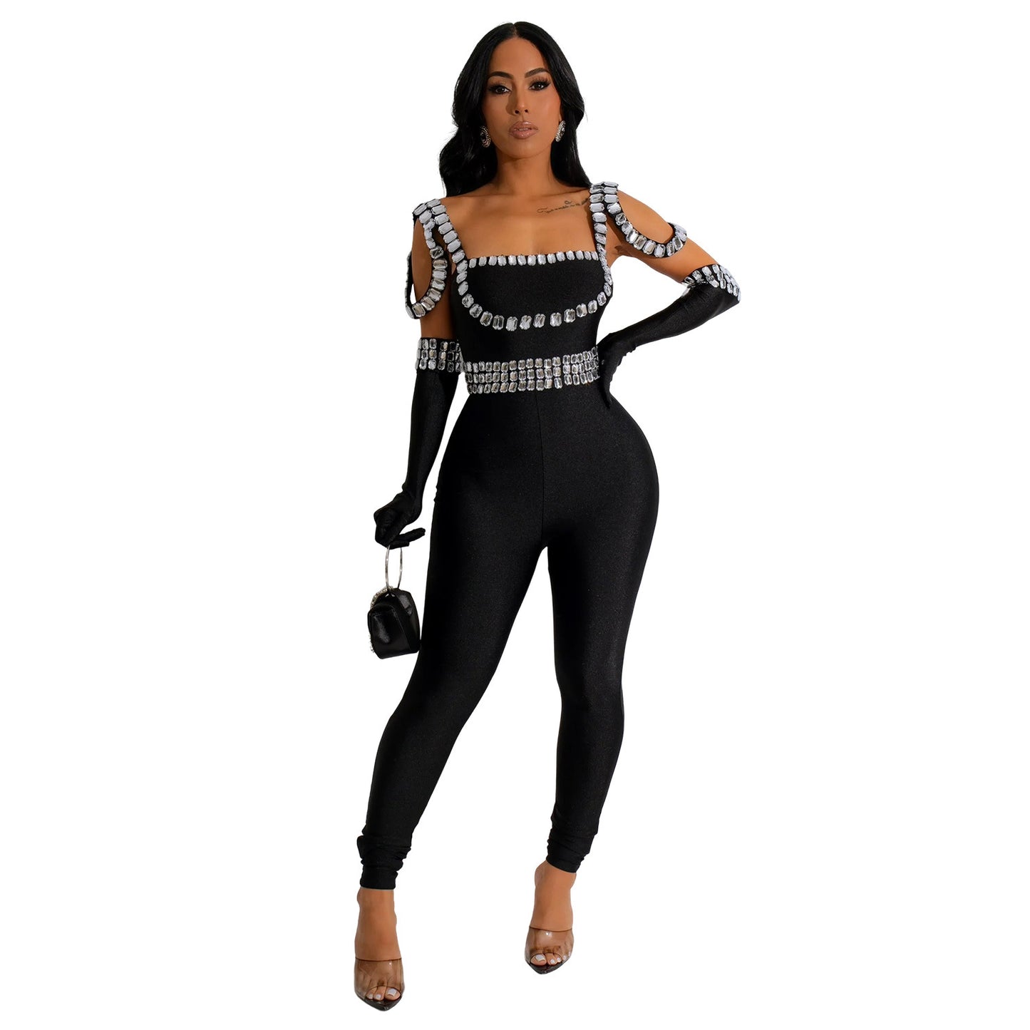 Dame Glamourøs Figurbetonet Jumpsuit med Strassdekorationer Stilla