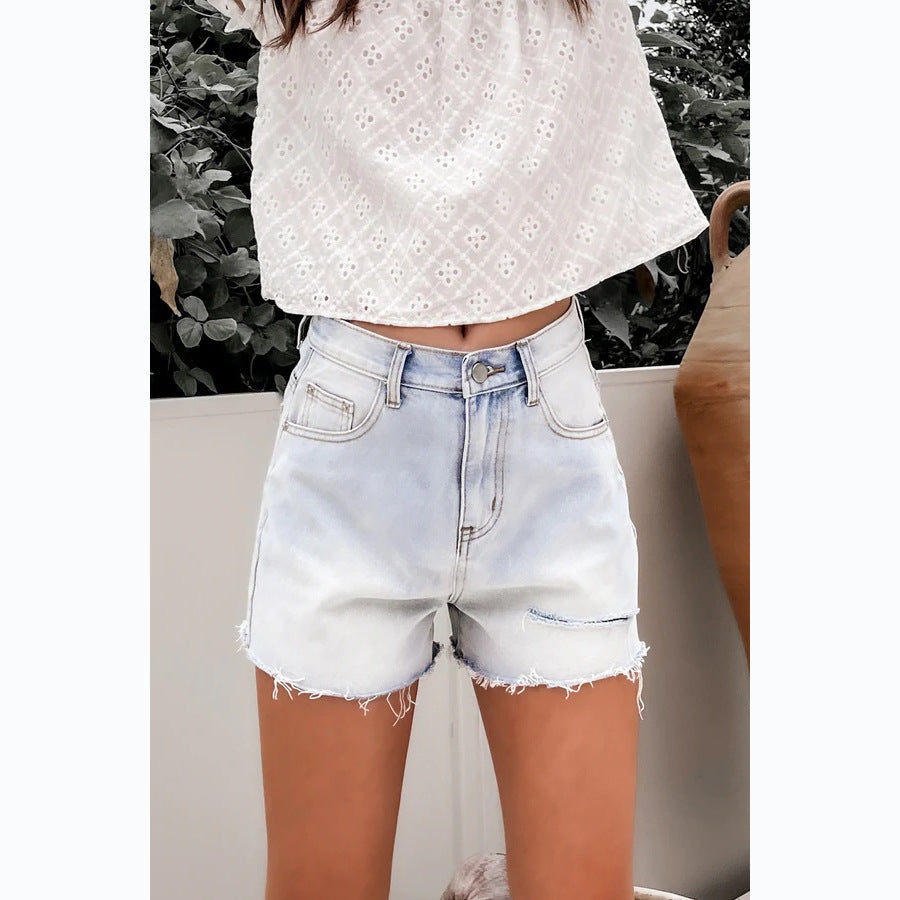 Dame denim-short med frynset kant og høj talje Stilla