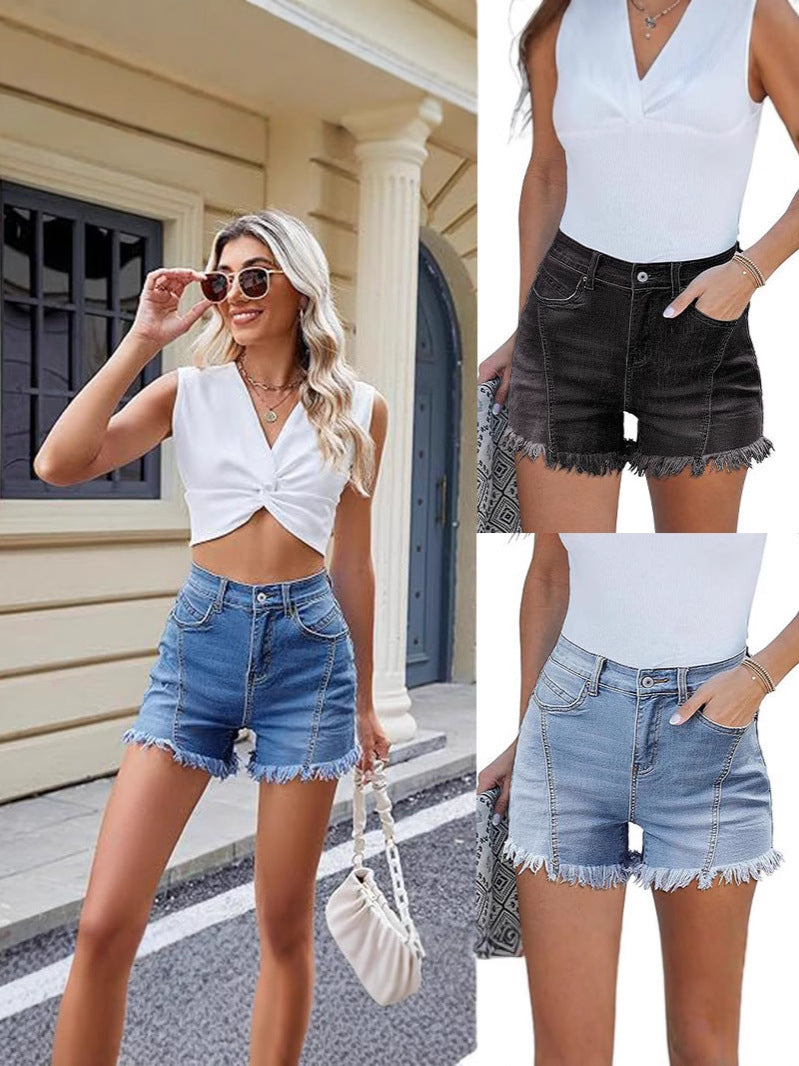 Dame Denim-Shorts med frynset kant Stilla