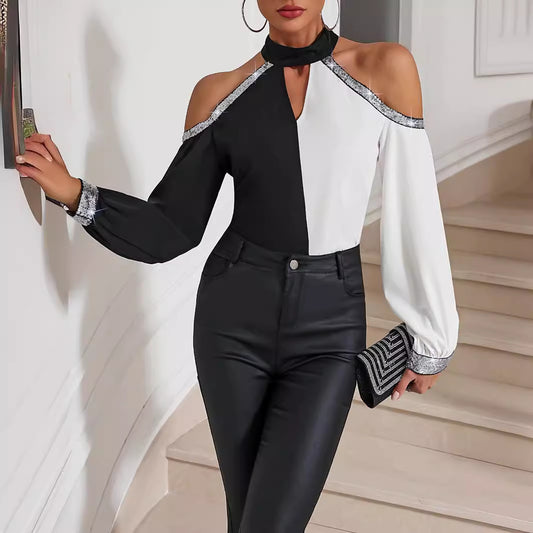 Dame Cut-Out Bluse med skinnende accenter og asymmetrisk design Stilla