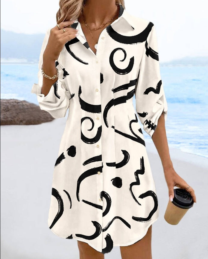 Dame Abstrakt Print Knap-Op Skjorte Kjole Stilla