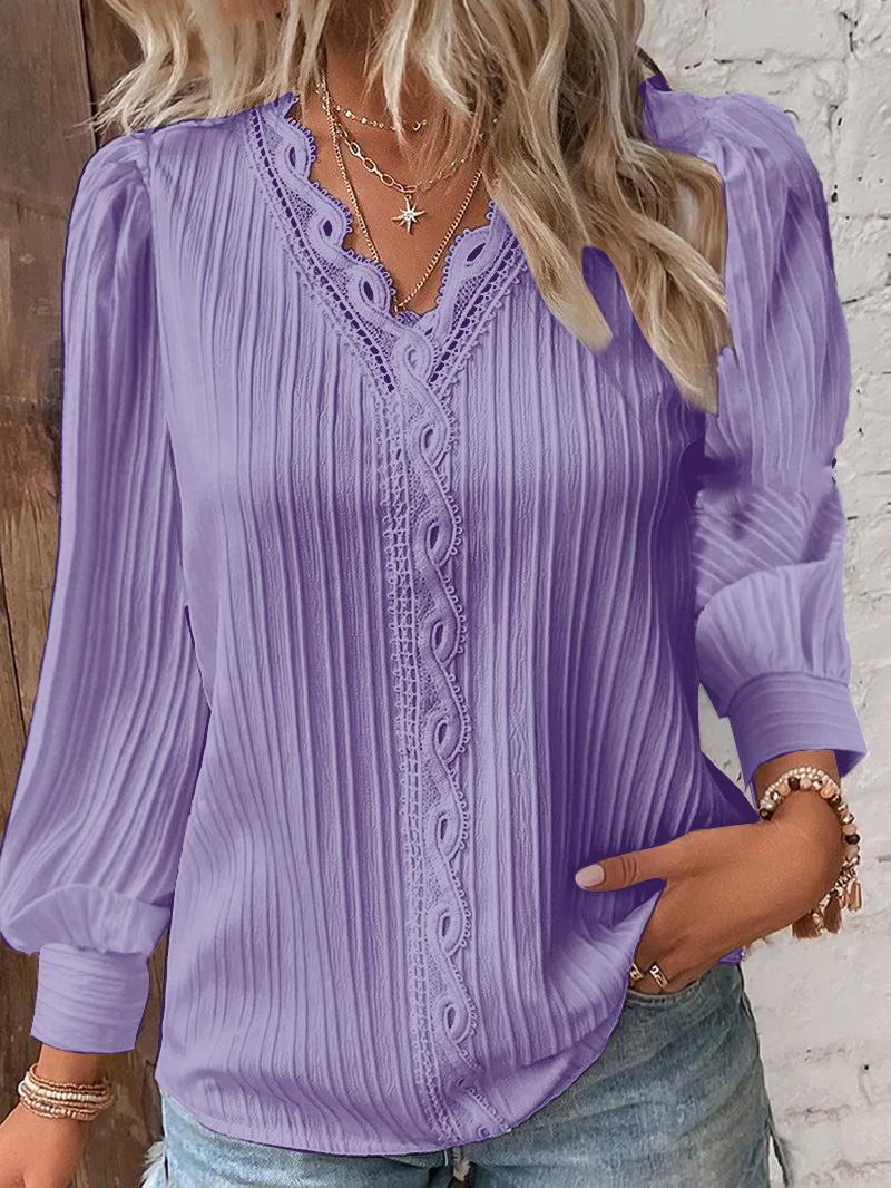 Dame Plisseret Bluser T-shirt med romantiske Spidsdetaljer Stilla