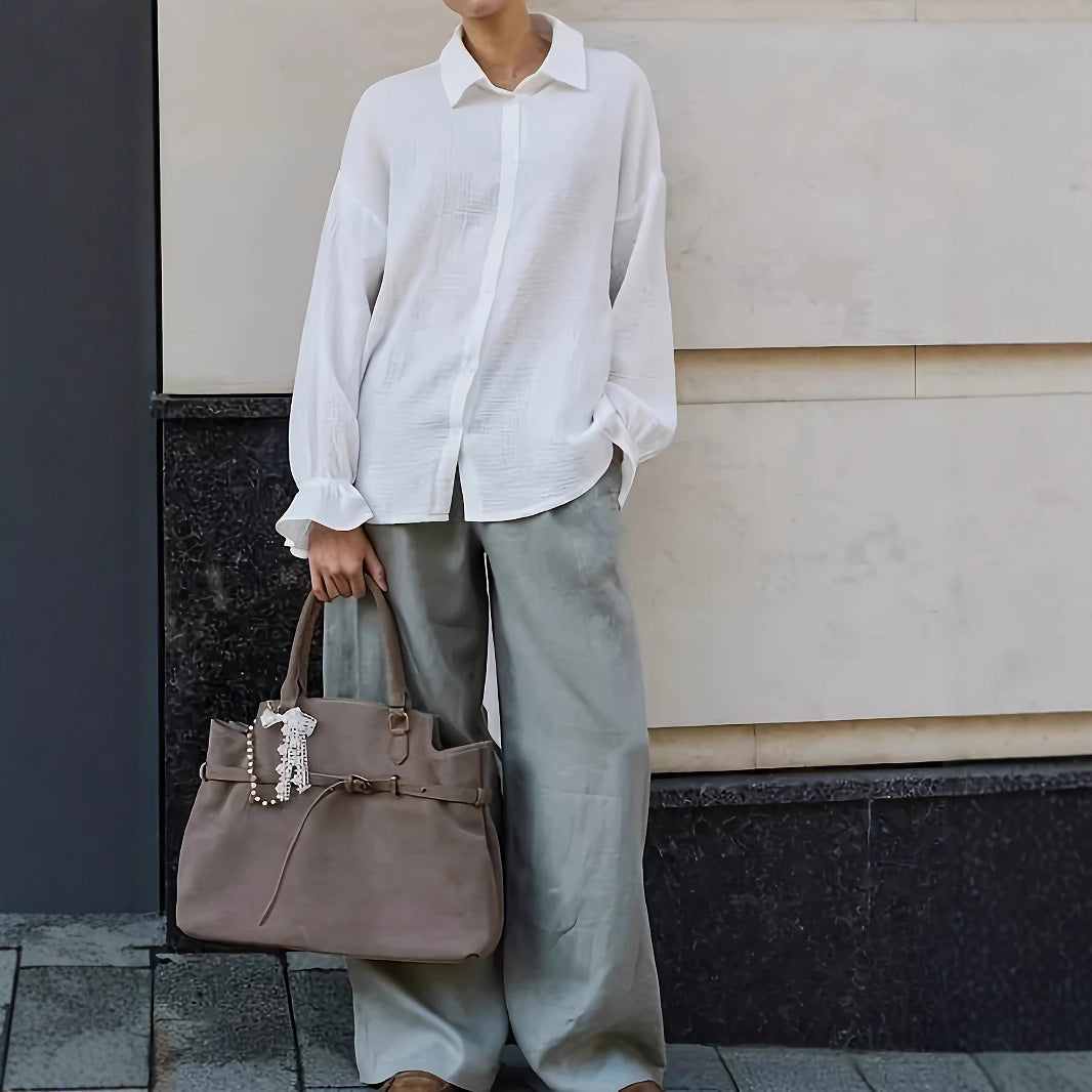 Dame afslappet bluse med struktureret mønster og opklappelige ærmer Stilla