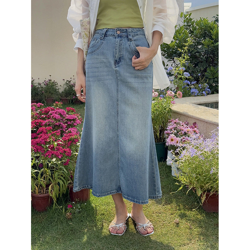 Dame denim midirock med højskåret talje og flydende snit Stilla