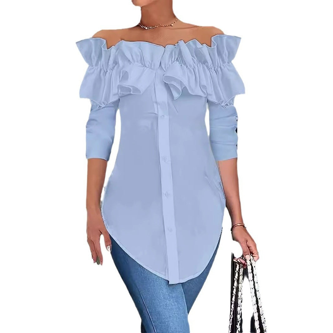 Dame Elegant Bluse med Ruffle detaljer og hjerteformet U-udskæring Stilla