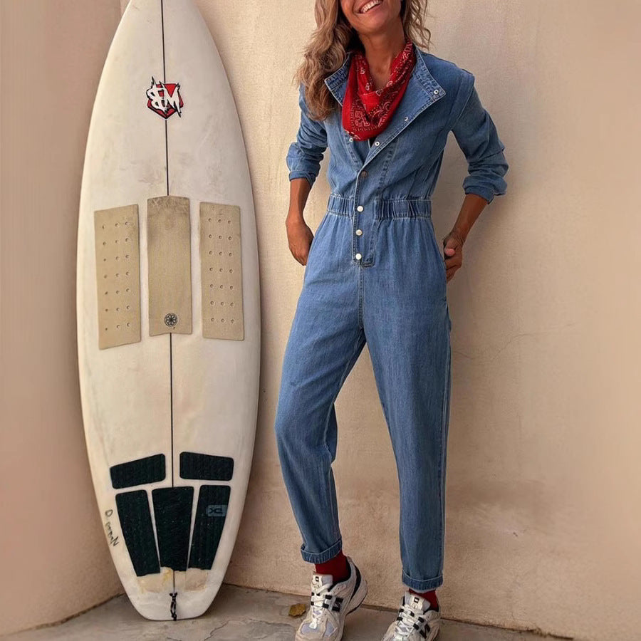 Dame Denim Jumpsuit med figursyede detaljer og praktiske lommer Stilla