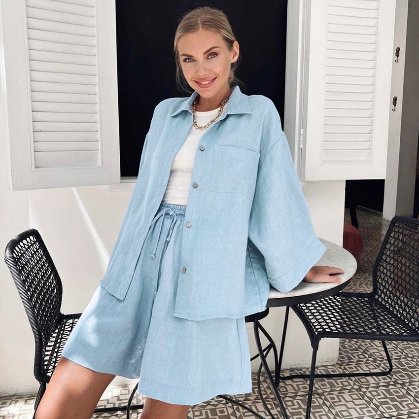 Dame afslappet linned-outfit-sæt med oversized skjorte og shorts Stilla