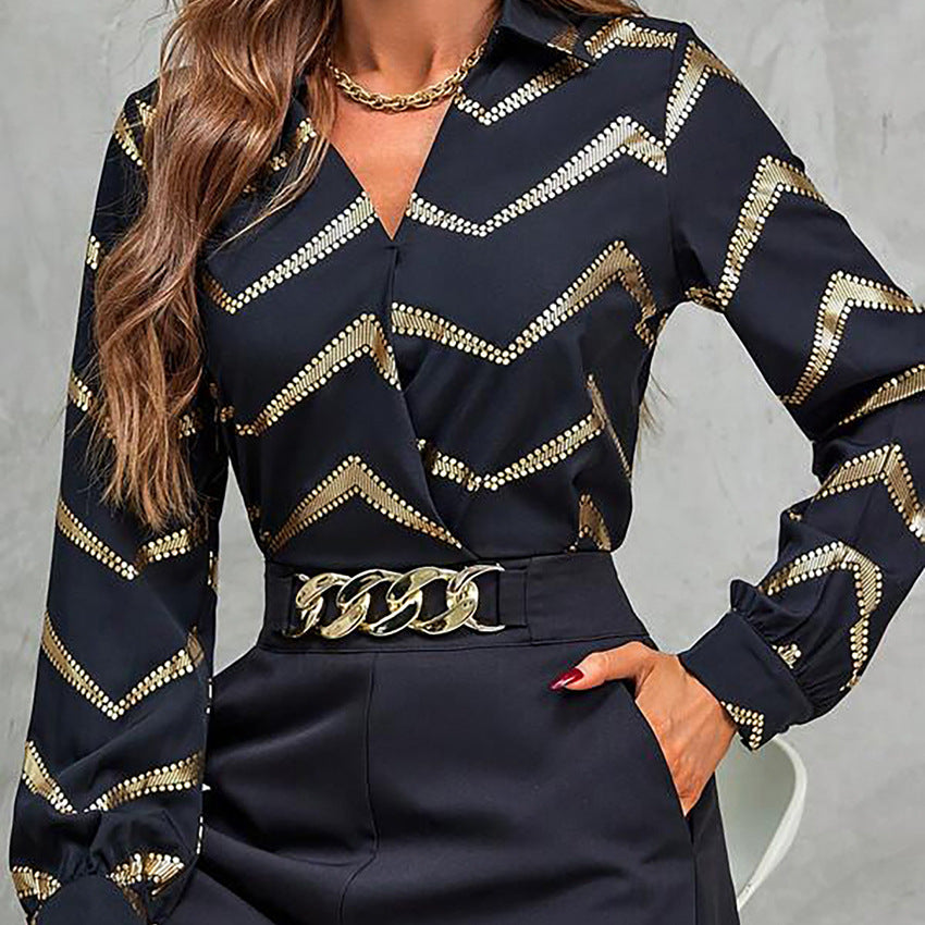 Dame elegant bluse med geometrisk glitterdesign og V-udskæring Stilla