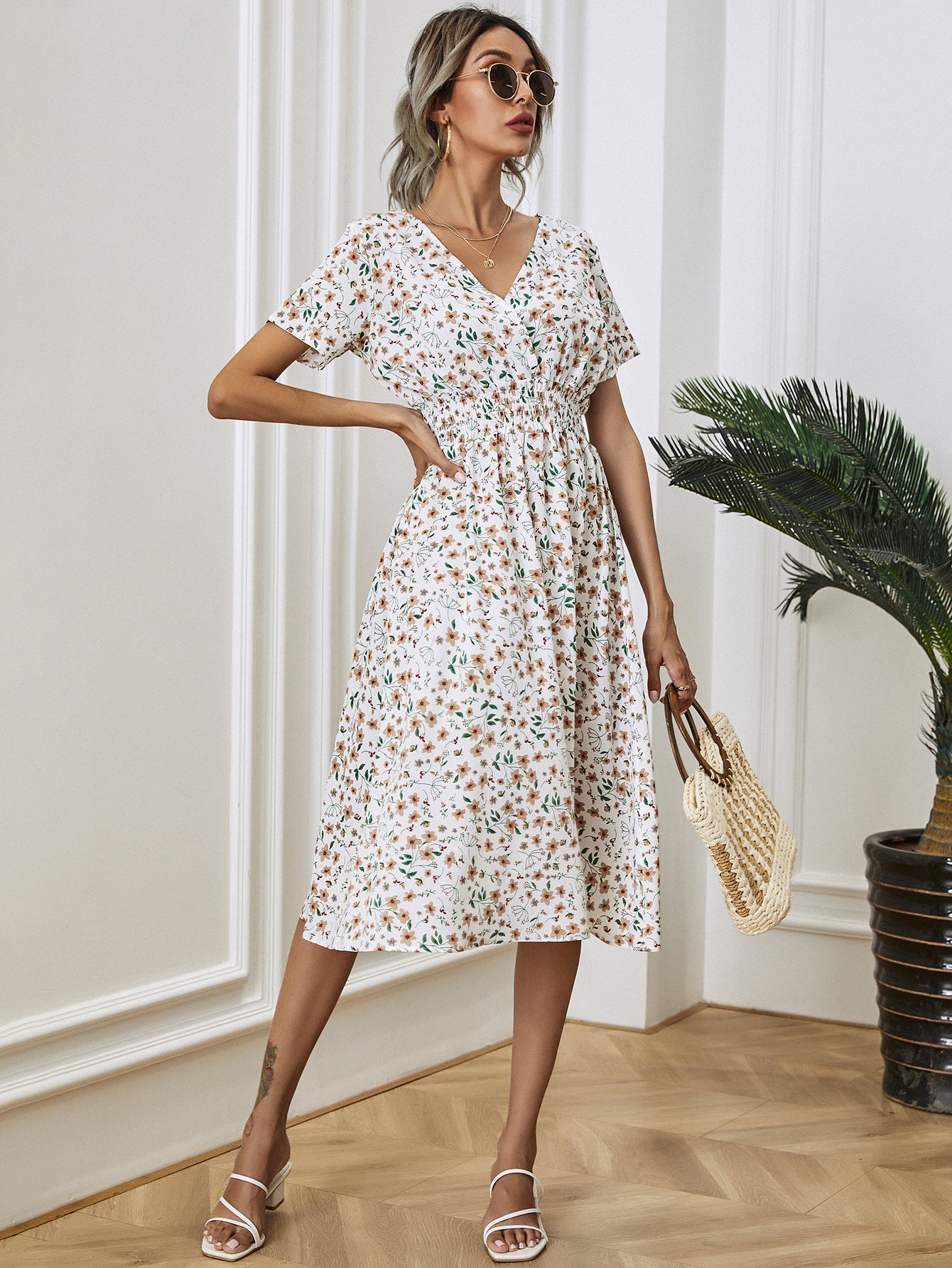 Dame Elegant Floral A-linje Midi Kjole Stilla